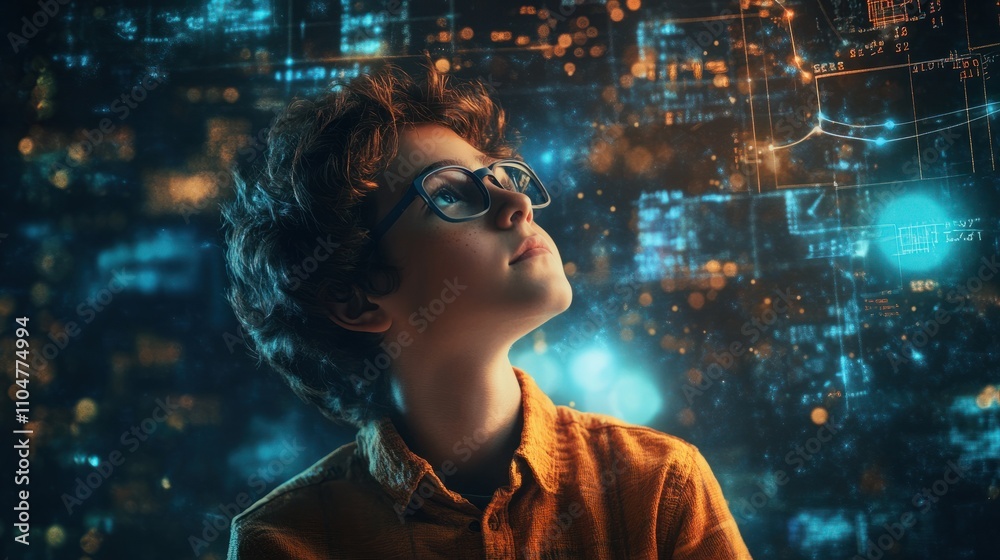 A portrait of a young genius surrounded by glowing equations and circuit diagrams, radiating inspiration and innovation. Full HD studio-quality image A portrait of a young genius surrounded by glowing equations and circuit diagrams, radiating inspiration and innovation. Full HD studio-quality image