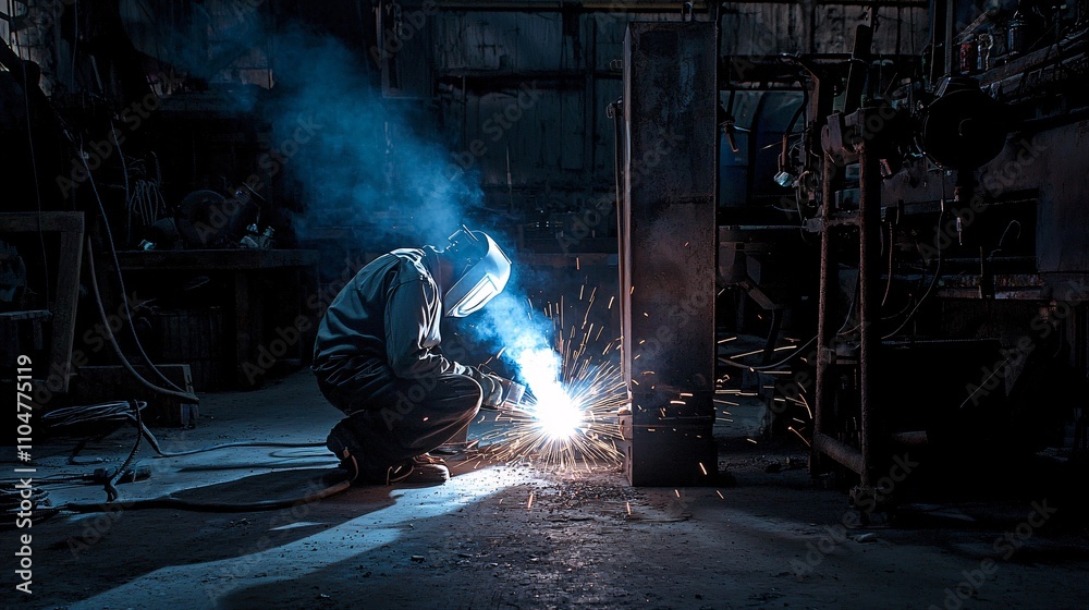 Welding Torch Emitting Bright Light in a Dark Workshop Welding Torch Emitting Bright Light in a Dark Workshop