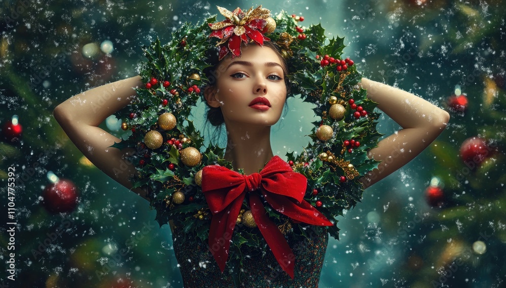 A beautiful woman in a Christmas dress made of a green wreath with a red bow, set against a background with golden and white lights and snowflakes A beautiful woman in a Christmas dress made of a green wreath with a red bow, set against a background with golden and white lights and snowflakes