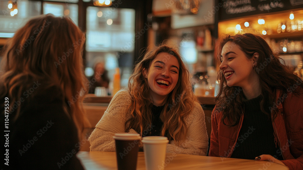 group of friends laughing over coffee at trendy cafe, enjoying warm and lively atmosphere group of friends laughing over coffee at trendy cafe, enjoying warm and lively atmosphere