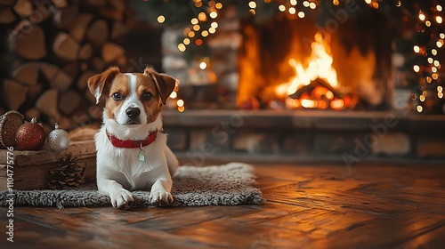 A warm living room scene with a dog sitting next to a fireplace decorated for Christmas