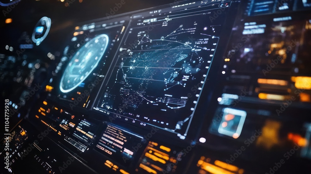 Futuristic digital interface with map and data displays on a dark screen. Futuristic digital interface with map and data displays on a dark screen.