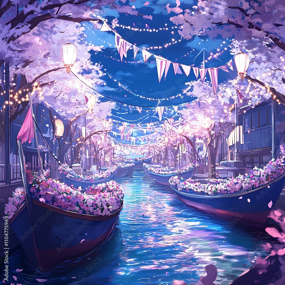 Obraz premium A Dreamy Canal Lined with Cherry Blossoms and Boats Adorned with Flowers.