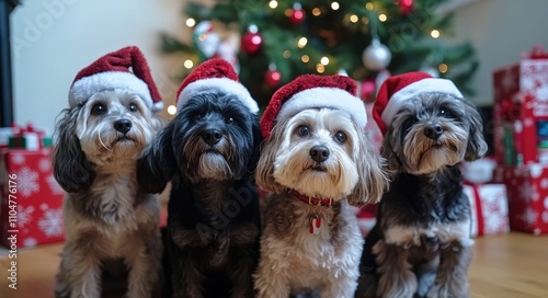 dogs wearing Christmas hats, sitting in front of the camera with presents and a Christmas tree behind them, all looking happy photo