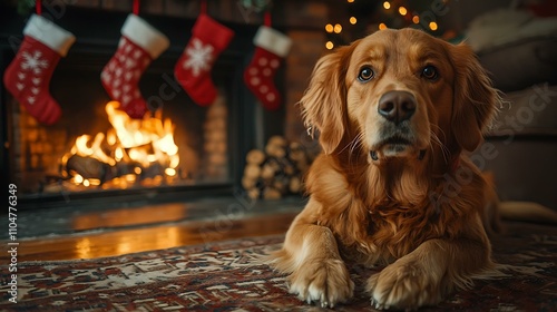 A festive living room with a dog sitting beside stockings hanging on the fireplace photo