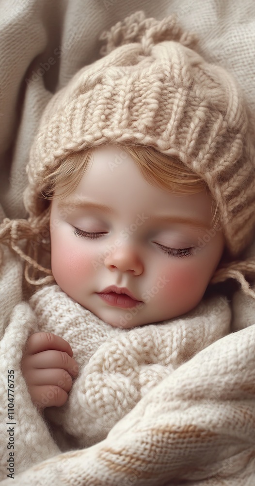 baby sleeping in a woolen cap and blanket, in beige colors and pastel tones baby sleeping in a woolen cap and blanket, in beige colors and pastel tones