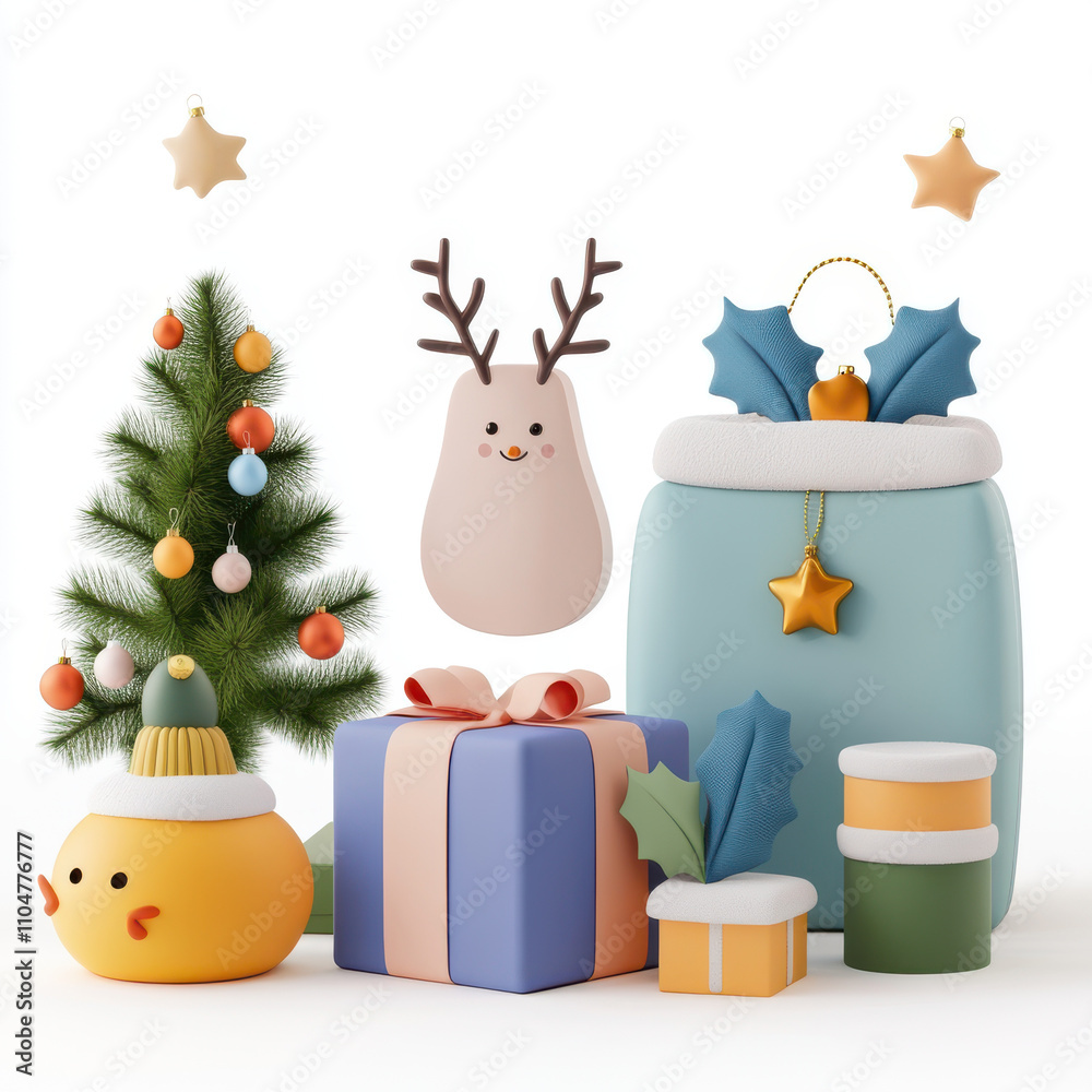 Naklejka premium Cheerful Christmas scene featuring colorful gifts, cute tree, and festive decorations. Perfect for holiday celebrations and seasonal promotions