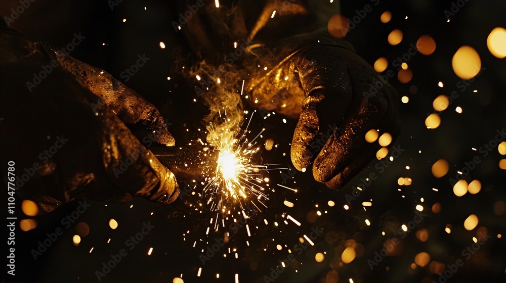 Welder’s Gloved Hands Guiding Torch in a Dark, Gritty Setting Welder’s Gloved Hands Guiding Torch in a Dark, Gritty Setting