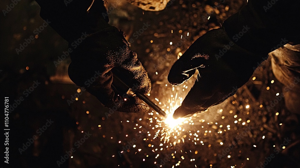 Welder’s Gloved Hands Guiding Torch in a Dark, Gritty Setting Welder’s Gloved Hands Guiding Torch in a Dark, Gritty Setting