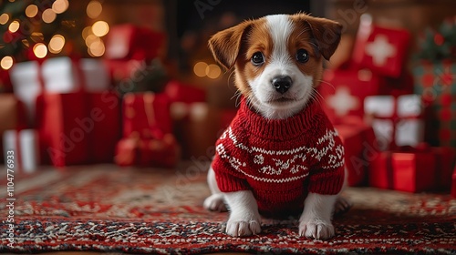 A joyful puppy in a holiday sweater sitting on a rug with Christmas presents in the background