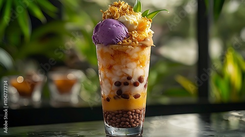 Close-up on Filipino halohalo dessert photo