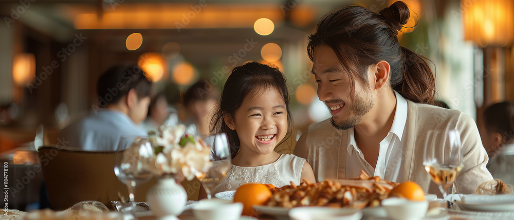 Joyful dining experience between father and daughter in a cozy restaurant setting during dinner time Joyful dining experience between father and daughter in a cozy restaurant setting during dinner time