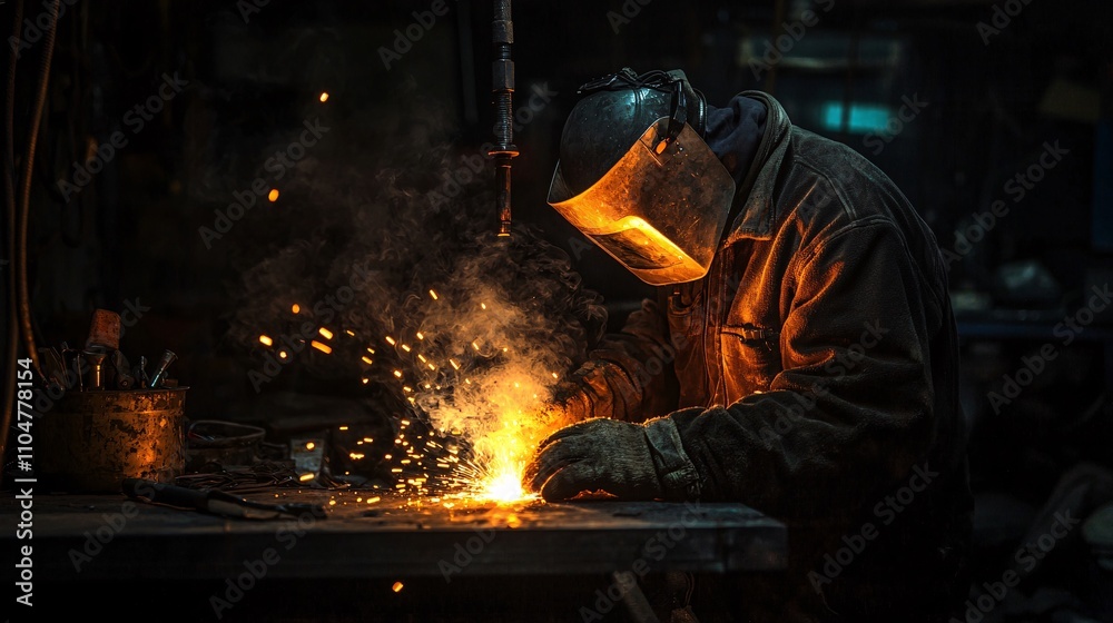 Bright Sparks Shining on Welder’s Protective Gear in a Gritty Workshop Bright Sparks Shining on Welder’s Protective Gear in a Gritty Workshop