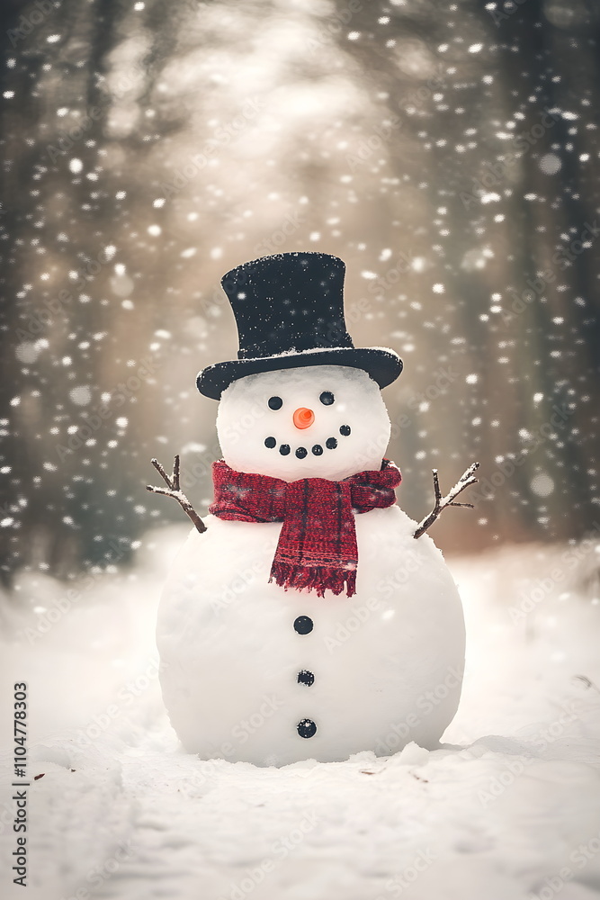 Winter holiday background. View of snowman in top hat and scarf on snowy landscape with snowfall, with copy space. Merry Christmas and Happy New Year greeting card. Winter holiday background. View of snowman in top hat and scarf on snowy landscape with snowfall, with copy space. Merry Christmas and Happy New Year greeting card.