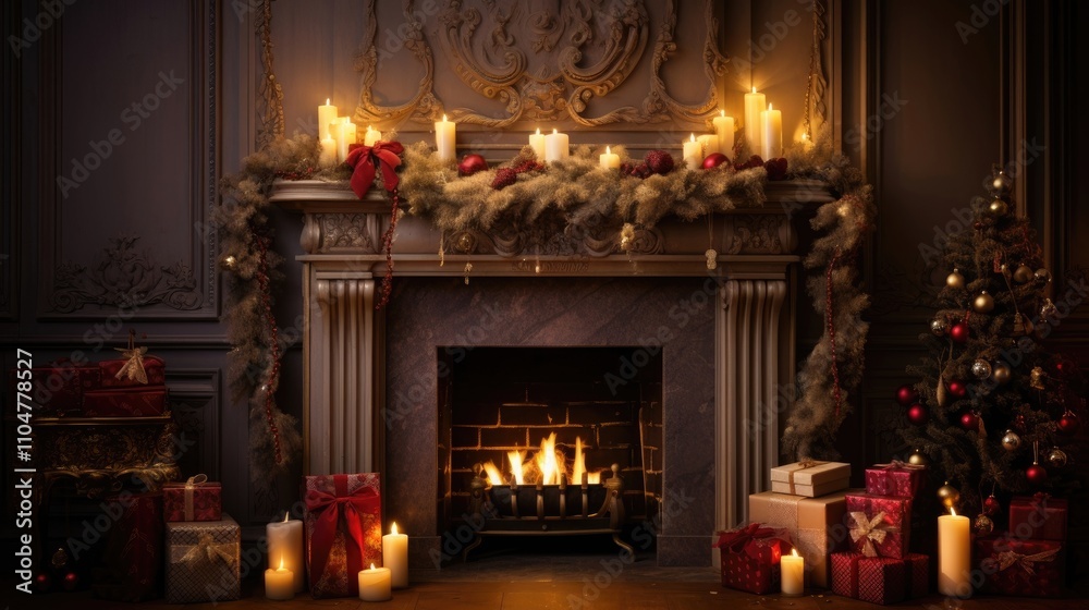 Decorated Christmas Fireplace with White Stockings, a Wreath, and Warm Holiday Lights Decorated Christmas Fireplace with White Stockings, a Wreath, and Warm Holiday Lights