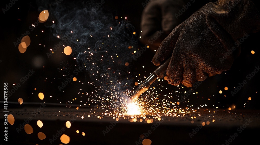 Welder’s Hands Moving with Precision as Sparks Fly in Dark Workshop Welder’s Hands Moving with Precision as Sparks Fly in Dark Workshop