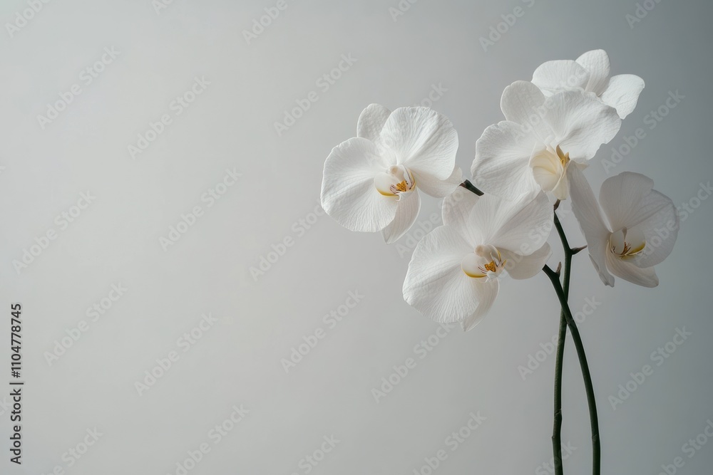 Fototapeta premium A cluster of delicate white orchids with yellow centers against a soft gray background.