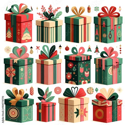 Full color illustration set of gift boxes with different designs