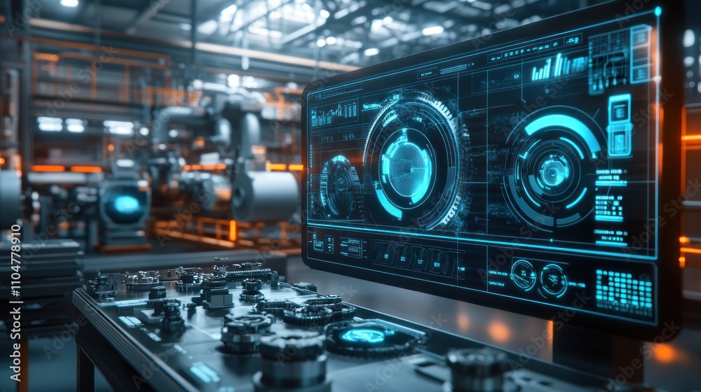 Futuristic factory control panel with holographic interface displays real-time data and machine operations. Futuristic factory control panel with holographic interface displays real-time data and machine operations.