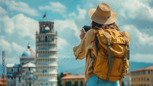 Tourist taking photo of the Leaning Tower of Pisa.