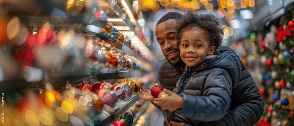 Father and son enjoy selecting Christmas ornaments in a festive shop during the holiday season Father and son enjoy selecting Christmas ornaments in a festive shop during the holiday season