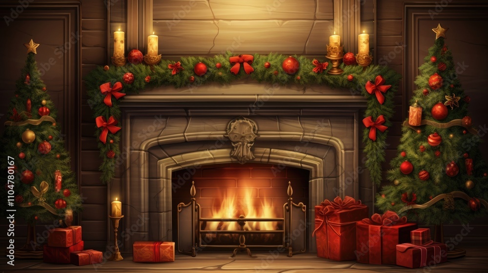 Elegant Christmas Fireplace Scene with Stockings, Presents, and Festive Decorations Elegant Christmas Fireplace Scene with Stockings, Presents, and Festive Decorations