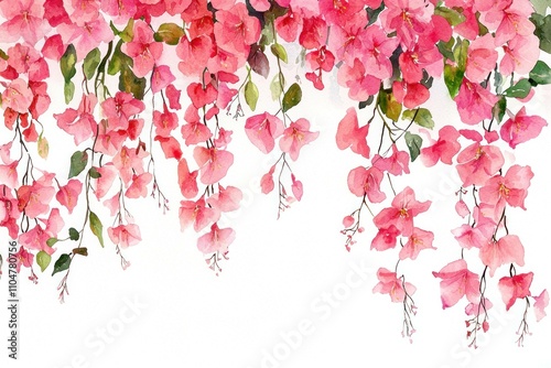 Fototapeta Naklejka Na Ścianę i Meble -  Beautiful watercolor illustration of vibrant pink bougainvillea flowers cascading down against a white background. Floral design and nature concept.