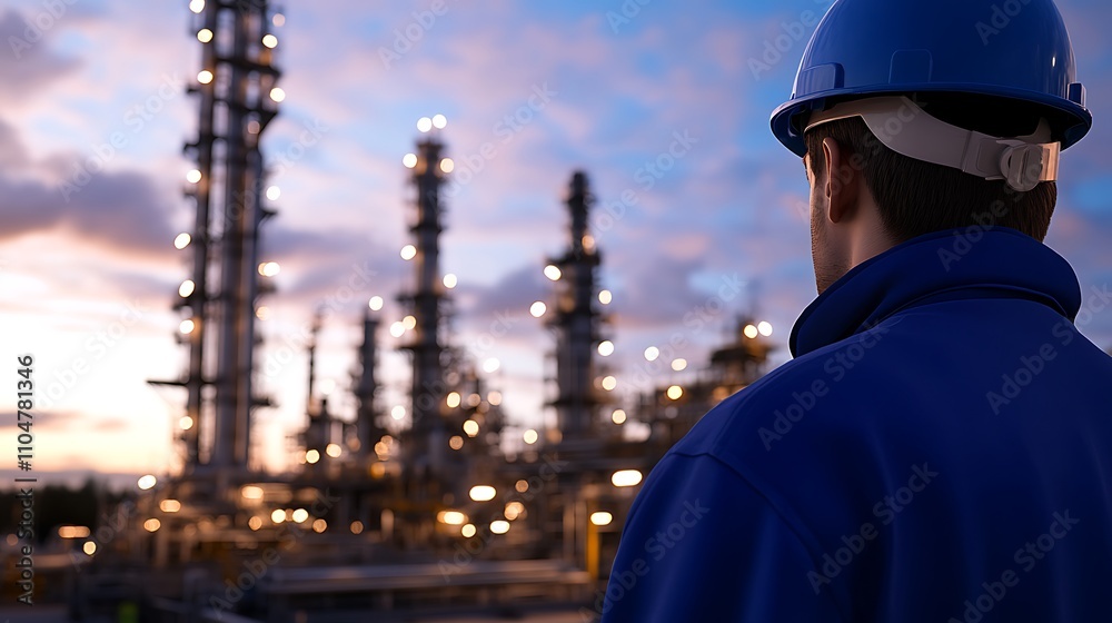 Worker Observing an Oil Refinery at Dusk with Bright Lights and Industrial Background