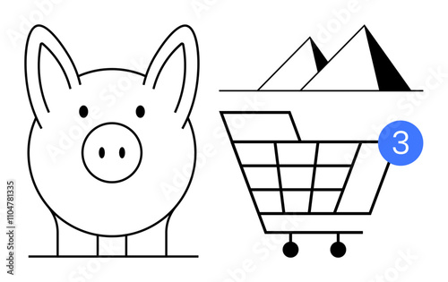 Piggy bank, pyramids, and shopping cart with notification bubble 3 representing savings, historical wealth, and online shopping. Ideal for finance, e-commerce, history, savings online notifications