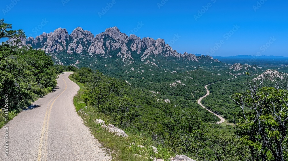 Naklejka premium Scenic Mountain Road Winding Through Lush Green Landscape
