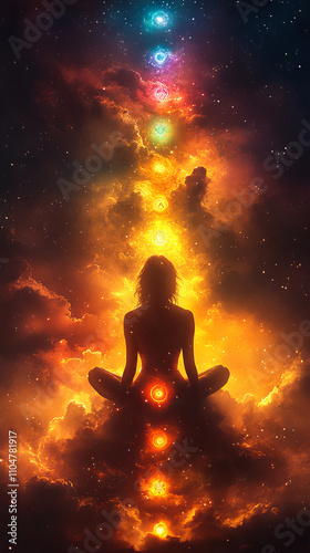 A serene woman reveals all chakras in a celestial universe, surrounded by soft light and spiritual energy. Perfect for art spirituality and meditation designs.