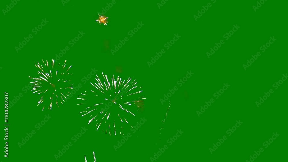Colorful fireworks explosion on green screen background, 4K. 60 Second. Merry Christmas and Happy New Year. Festive background for 4th of July, summer festival. Effect ready to chroma key.
