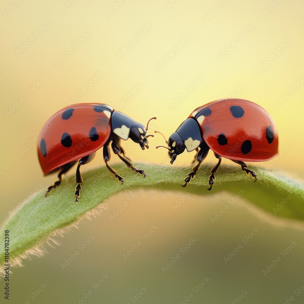 Two ladybugs face each other on a green leaf with a blurred background. Two ladybugs face each other on a green leaf with a blurred background.