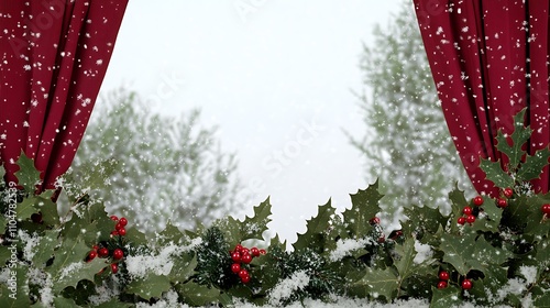 Festive Holiday Wreath with Red Berries and Snowflakes Against a Rich Red Background