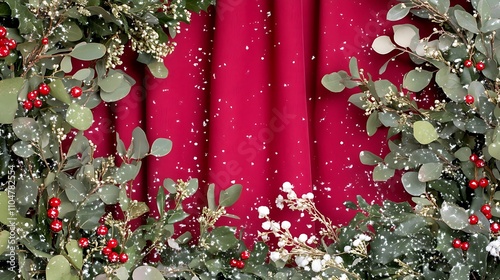 Festive Holiday Wreath with Red Berries and Snowflakes Against a Rich Red Background