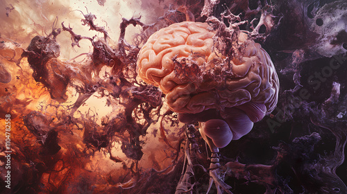Axonal growth temporal lobe epilepsy and synaptic pruning human brain exposed and intertwined with a skeletal structure symbolizing anatomy and brain science. Temporal. Illustration