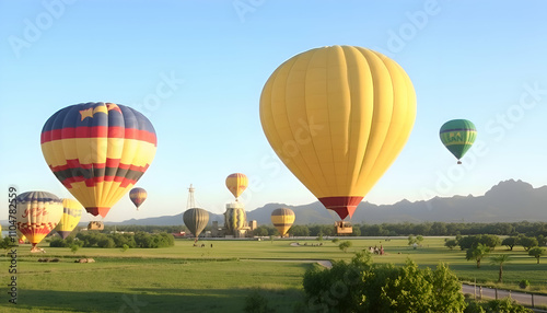 Hot Air Balloon Adventures in Florida Travel and Tourism. Colorful hot-air balloons flying over the mountain.view on basket landscape background,