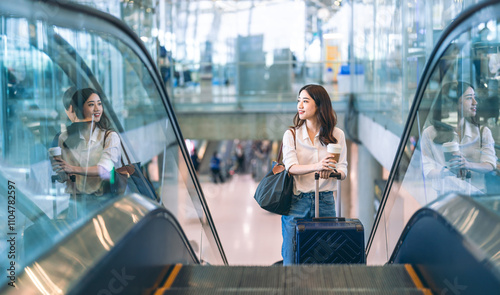 Quadro su tela Portrait of standing tourist woman passenger at international airport terminal f
