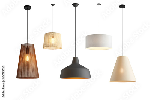 Set of different modern hanging lamps on white background. 