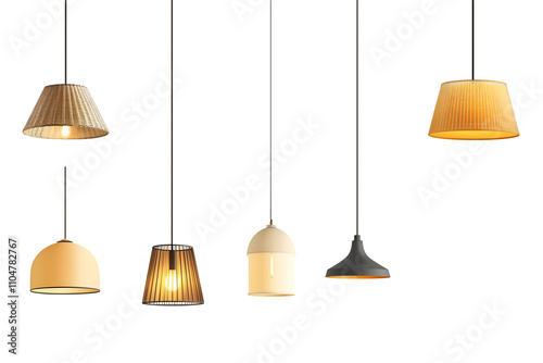 Set of different modern hanging lamps on white background. 