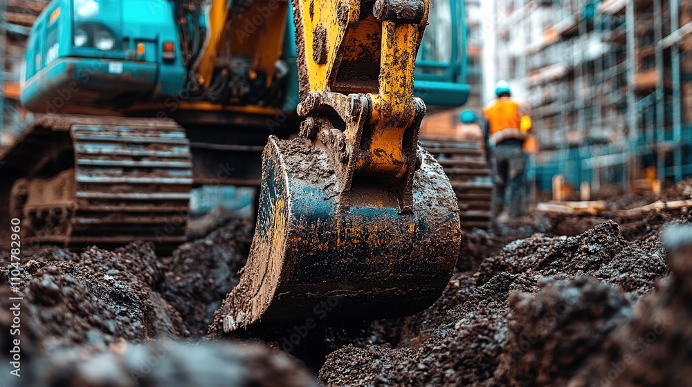Fototapeta premium construction excavator digging into the earth, with workers and scaffolding visible in the background