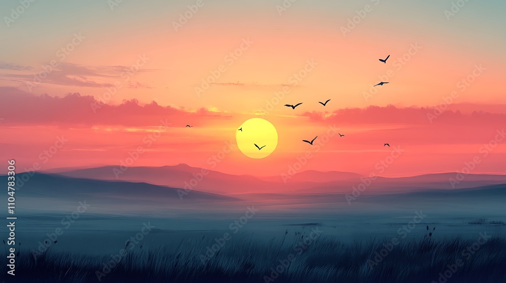 Wide open sky with birds soaring across, and the sun rising on the horizon