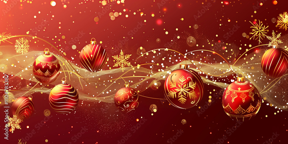 Red background with a Christmas or New Year decoration border of snow and gifts with festive atmosphere. New Year or Christmas banner for your design with copy space