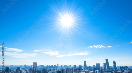 Fototapeta Naklejka Na Ścianę i Meble -  A clear sky above a city skyline, with the bright sun shining and no clouds in sight