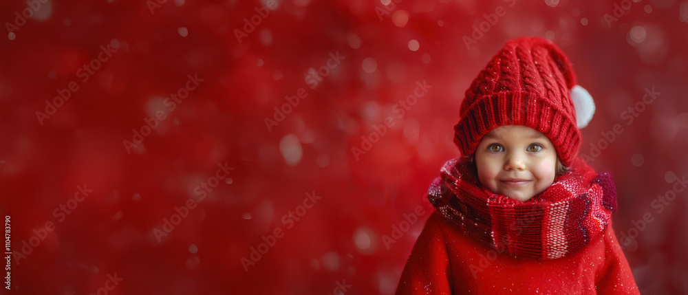 Festive child smiles joyfully in a cozy red sweater and hat against a vibrant red background during winter celebration