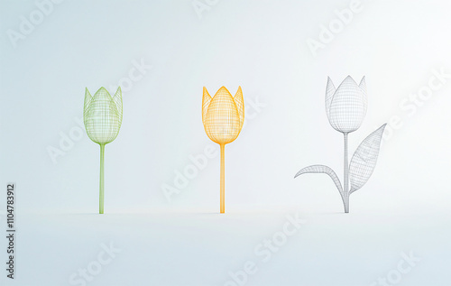 Wireframe tulip on white, art and nature fused