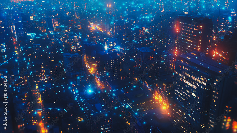 Fototapeta premium Smart digital city with connection cyber security network reciprocity over the twilight cityscape.future wireless digital city and social media networking systems that connects people within the city