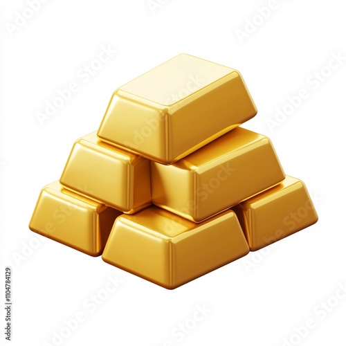3D Icon of a Toy-Like Matte Golden Pyramid of Stacked Gold Bars on Isolated White Background