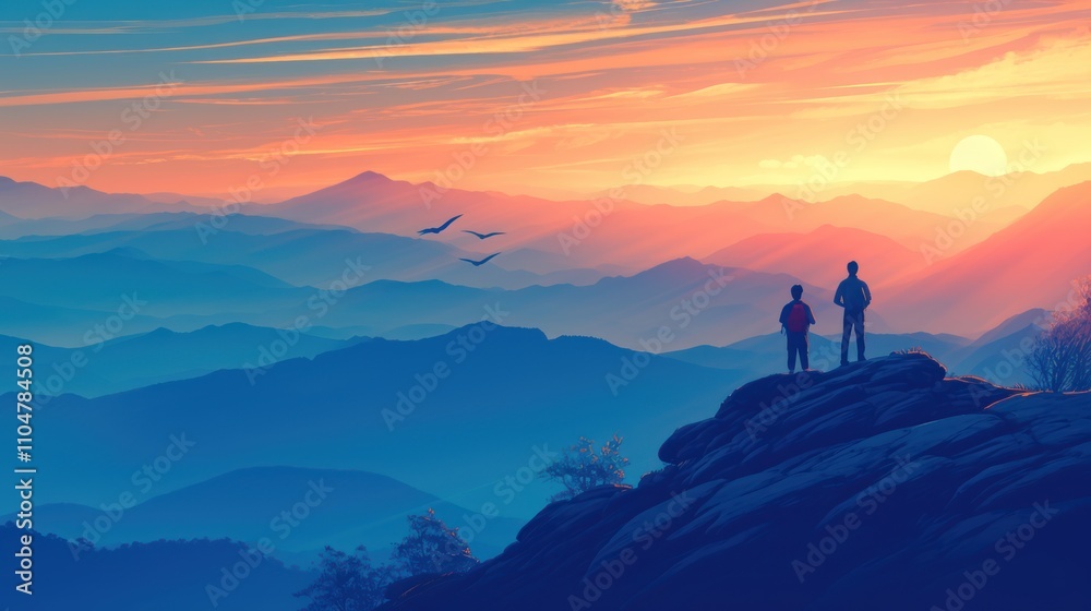 Two people stand on a mountaintop, gazing at a beautiful sunrise over a misty valley. Two people stand on a mountaintop, gazing at a beautiful sunrise over a misty valley.