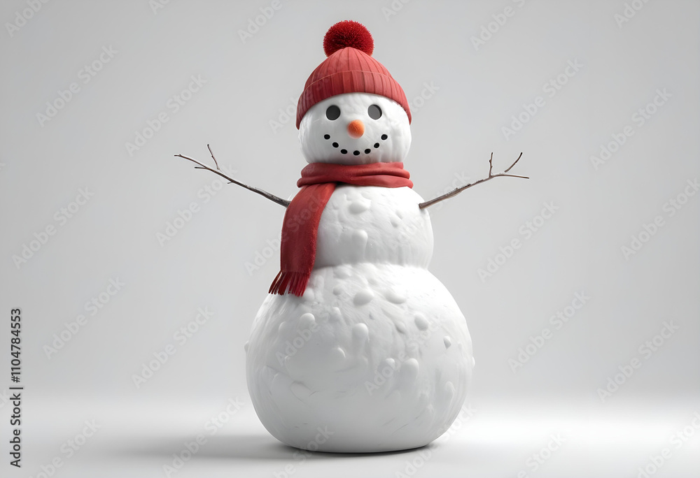 cheerful snowman wearing red hat and scarf stands against neutral background, embodying joy of winter. Its friendly smile and twig arms add to its charm cheerful snowman wearing red hat and scarf stands against neutral background, embodying joy of winter. Its friendly smile and twig arms add to its charm